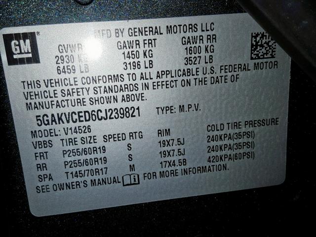 5GAKVCED6CJ239821 - 2012 BUICK ENCLAVE CHARCOAL photo 10