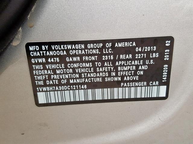 1VWBH7A30DC121146 - 2013 VOLKSWAGEN PASSAT SE GRAY photo 10