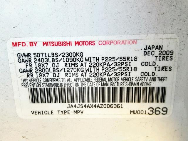 JA4JS4AX4AZ006361 - 2010 MITSUBISHI OUTLANDER WHITE photo 10