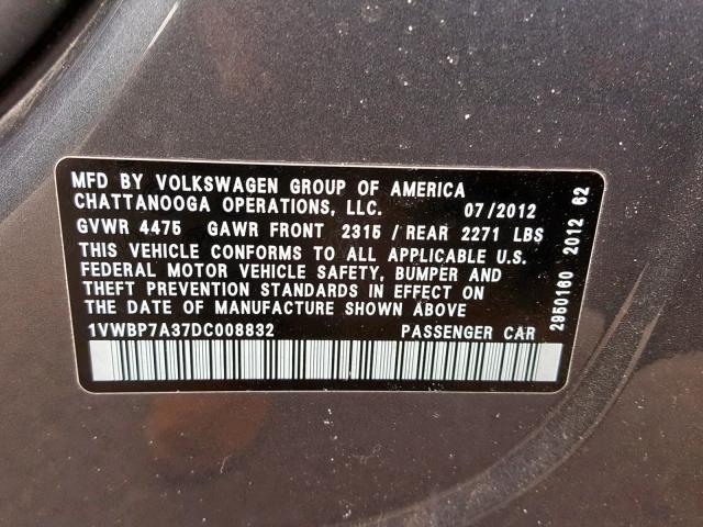 1VWBP7A37DC008832 - 2013 VOLKSWAGEN PASSAT SE GRAY photo 10