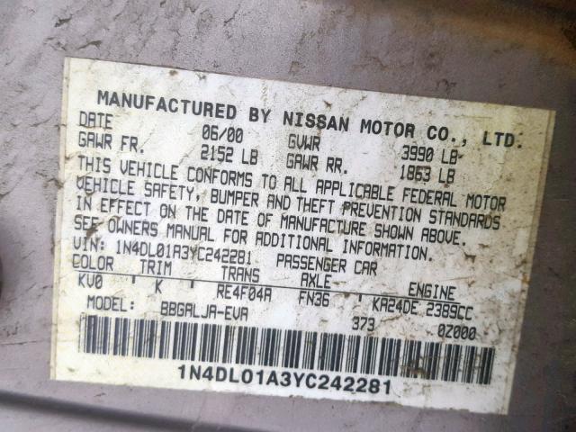 1N4DL01A3YC242281 - 2000 NISSAN ALTIMA XE GRAY photo 10