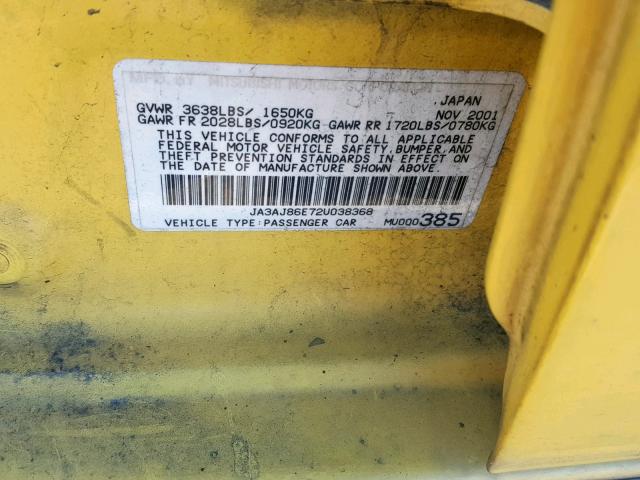 JA3AJ86E72U038368 - 2002 MITSUBISHI LANCER OZ YELLOW photo 10