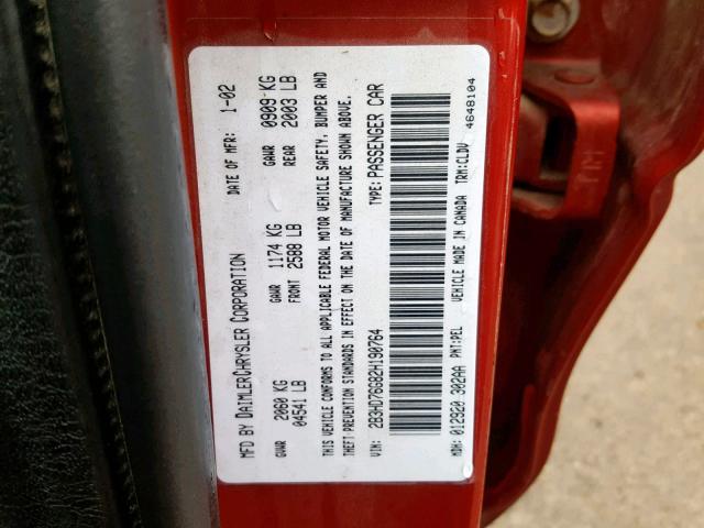 2B3HD76G82H190764 - 2002 DODGE INTREPID R RED photo 10