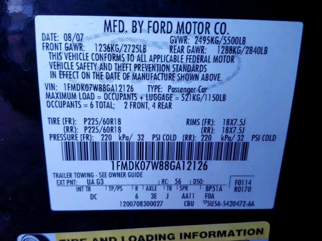 1FMDK07W88GA12126 - 2008 FORD TAURUS X E BLACK photo 10