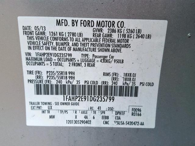 1FAHP2E91DG235799 - 2013 FORD TAURUS SEL GRAY photo 10