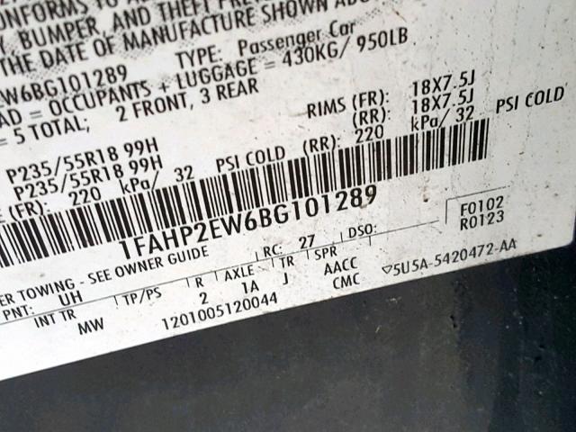 1FAHP2EW6BG101289 - 2011 FORD TAURUS SEL GRAY photo 10