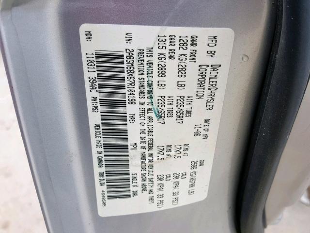 2A8GM68X67R104198 - 2007 CHRYSLER PACIFICA T SILVER photo 10