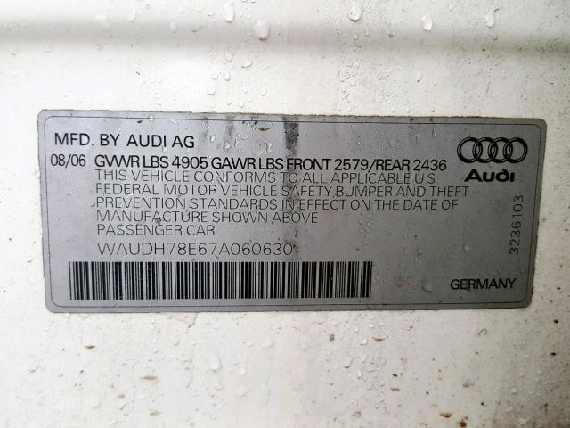 WAUDH78E67A060630 - 2007 AUDI A4 3.2 QUA WHITE photo 10