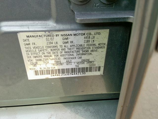 1N4BL21E67N442130 - 2007 NISSAN ALTIMA 3.5 GREEN photo 10