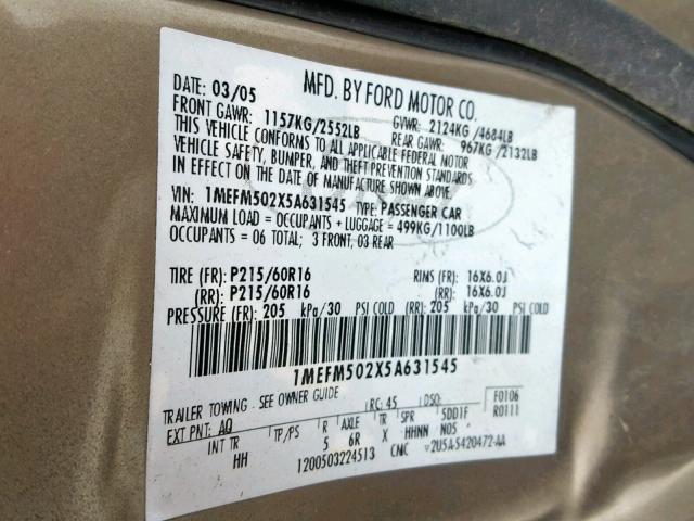 1MEFM502X5A631545 - 2005 MERCURY SABLE GS BEIGE photo 10