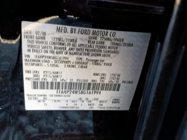 1FAHP24W58G161994 - 2008 FORD TAURUS SEL BLACK photo 10