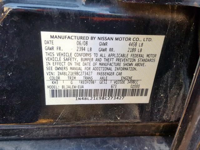 1N4BL21E98C273427 - 2008 NISSAN ALTIMA 3.5 BLACK photo 10