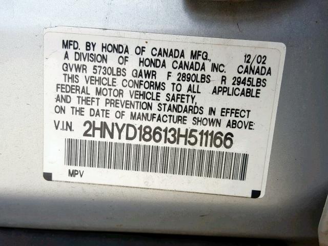 2HNYD18613H511166 - 2003 ACURA MDX TOURIN SILVER photo 10