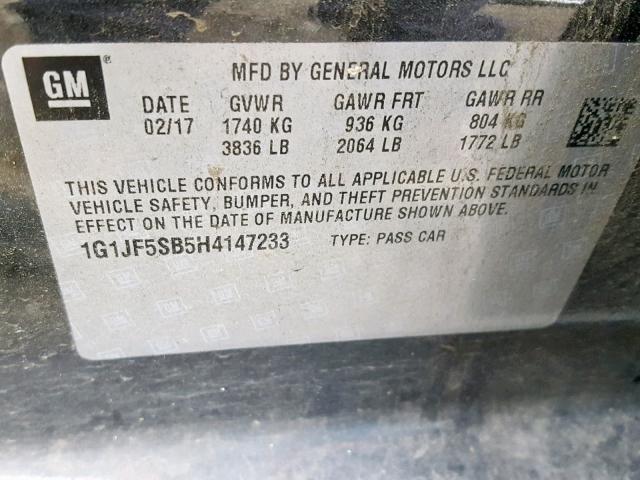 1G1JF5SB5H4147233 - 2017 CHEVROLET SONIC PREM GRAY photo 10