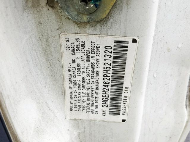 2HGEH2462PH521320 - 1993 HONDA CIVIC DX WHITE photo 10