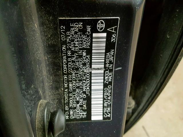 JTDKN3DU0C5489354 - 2012 TOYOTA PRIUS Графитовый фото 10