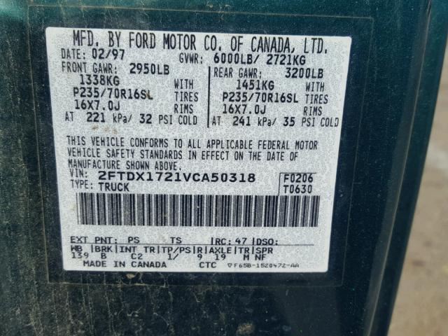 2FTDX1721VCA50318 - 1997 FORD F150 GREEN photo 10