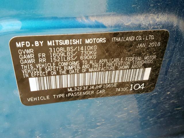 ML32F3FJ4JHF10658 - 2018 MITSUBISHI MIRAGE G4 BLUE photo 10