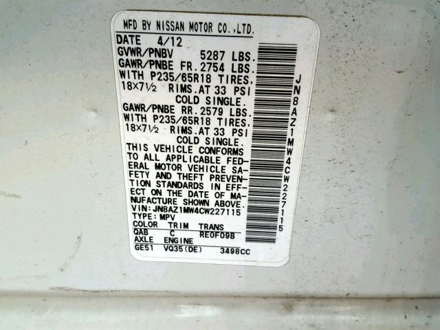 JN8AZ1MW4CW227115 - 2012 NISSAN MURANO S WHITE photo 10