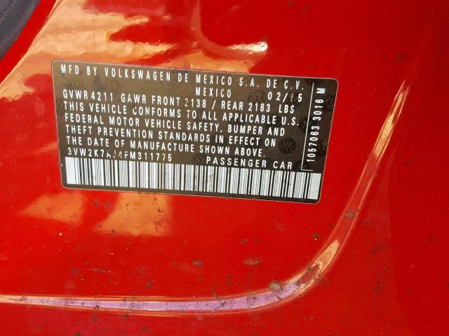 3VW2K7AJ4FM311775 - 2015 VOLKSWAGEN JETTA BASE RED photo 10