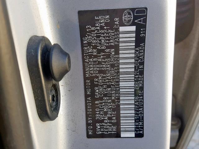 2T1BU4EEXDC111028 - 2013 TOYOTA COROLLA BA SILVER photo 10