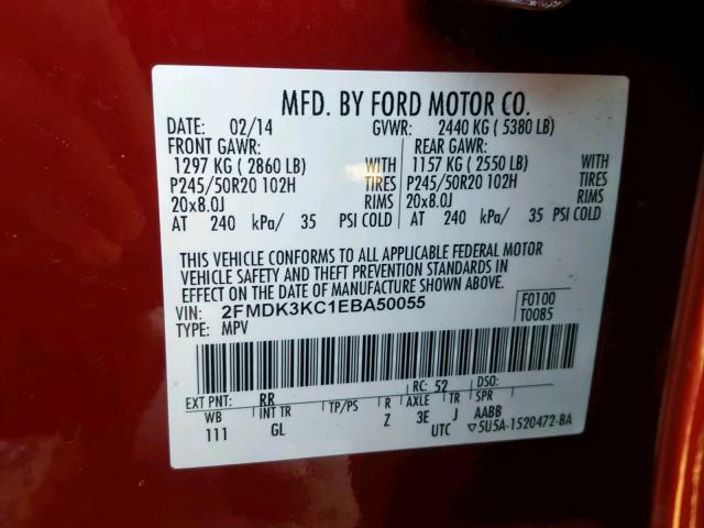 2FMDK3KC1EBA50055 - 2014 FORD EDGE LIMIT RED photo 10