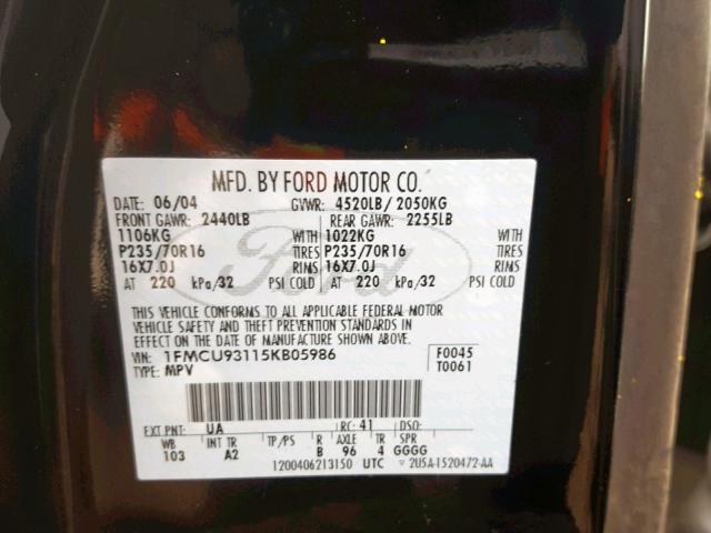 1FMCU93115KB05986 - 2005 FORD ESCAPE XLT BLACK photo 10