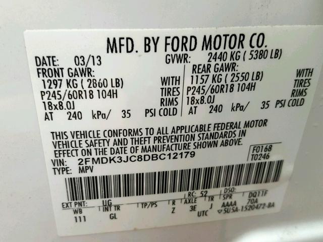 2FMDK3JC8DBC12179 - 2013 FORD EDGE SEL WHITE photo 10