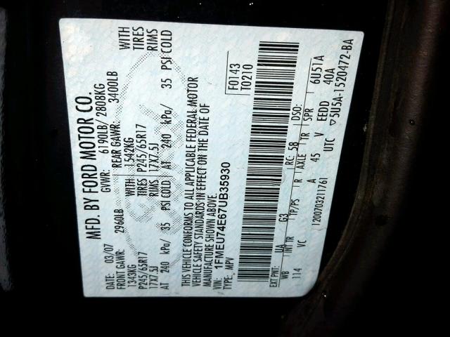 1FMEU74E67UB35930 - 2007 FORD EXPLORER E BLACK photo 10