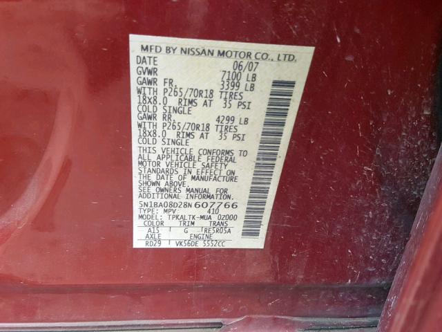 5N1BA08D28N607766 - 2008 NISSAN ARMADA SE RED photo 10