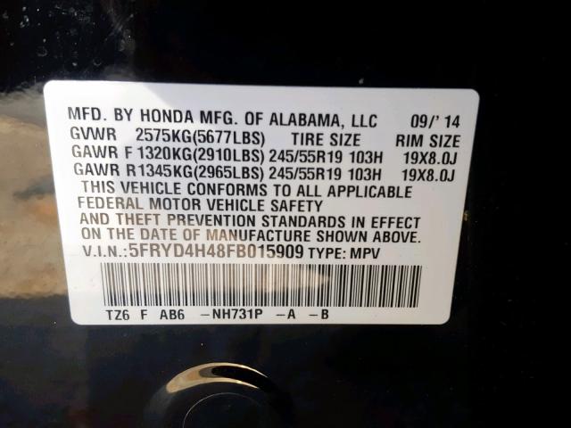5FRYD4H48FB015909 - 2015 ACURA MDX TECHNO BLACK photo 10