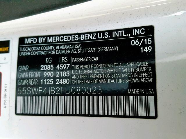 55SWF4JB2FU080023 - 2015 MERCEDES-BENZ C 300 WHITE photo 10