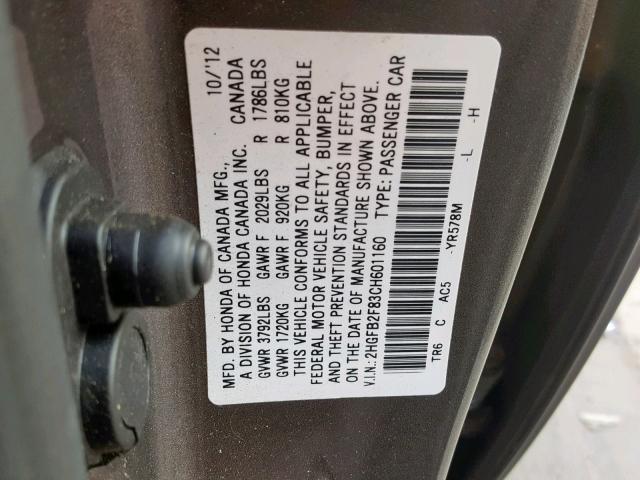 2HGFB2F83CH601160 - 2012 HONDA CIVIC EX CHARCOAL photo 10