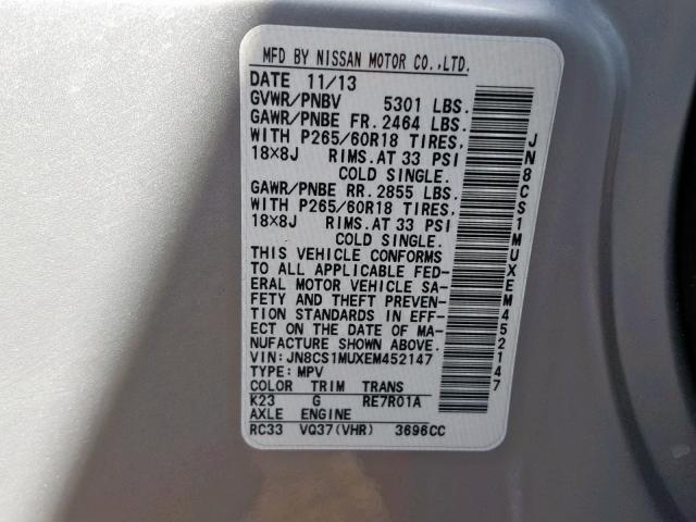 JN8CS1MUXEM452147 - 2014 INFINITI QX70 SILVER photo 10