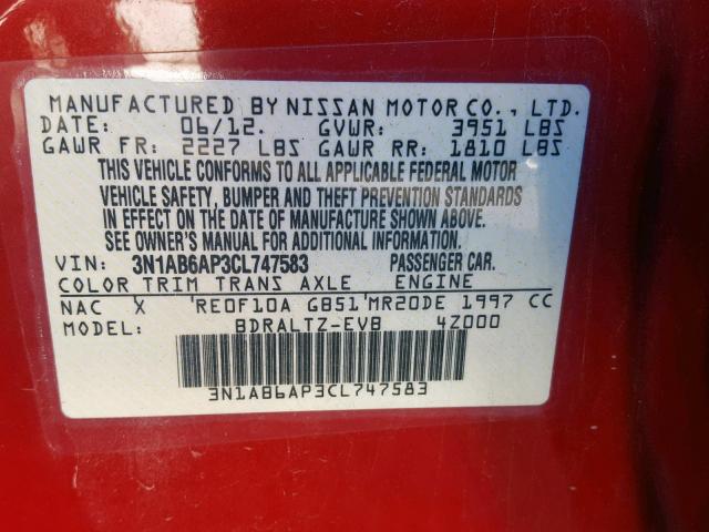 3N1AB6AP3CL747583 - 2012 NISSAN SENTRA 2.0 RED photo 10