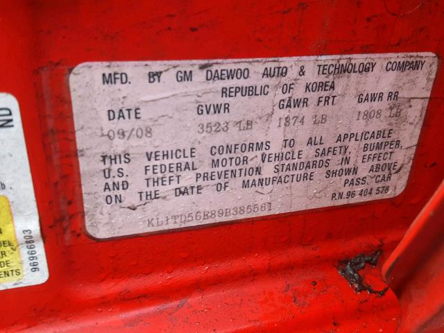 KL1TD56E89B385561 - 2009 CHEVROLET AVEO LS RED photo 10