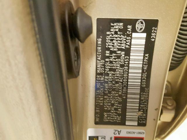 4T1BK3DB0BU381453 - 2011 TOYOTA AVALON BAS Qızıl foto 10