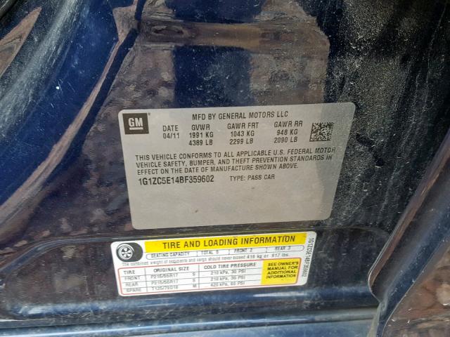 1G1ZC5E14BF359602 - 2011 CHEVROLET MALIBU 1LT BLUE photo 10
