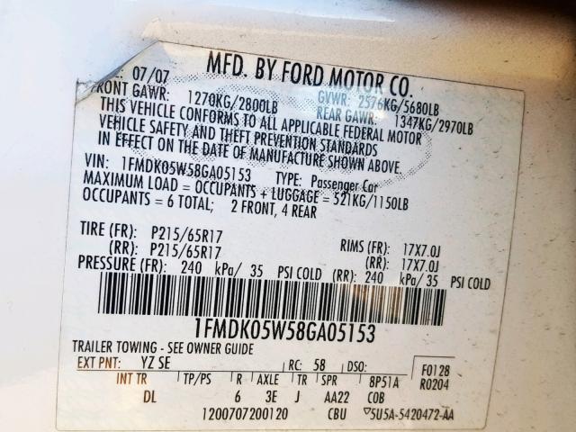 1FMDK05W58GA05153 - 2008 FORD TAURUS X S WHITE photo 10