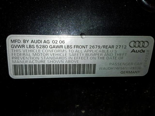 WAUDH74F56N149336 - 2006 AUDI A6 3.2 QUA BLUE photo 10