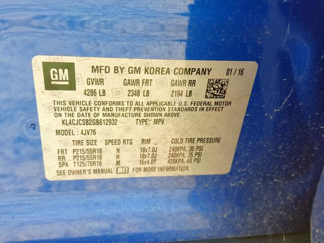 KL4CJCSB2GB612932 - 2016 BUICK ENCORE BLUE photo 10