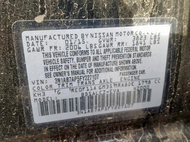 3N1AB7AP5FY227107 - 2015 NISSAN SENTRA S BLACK photo 10