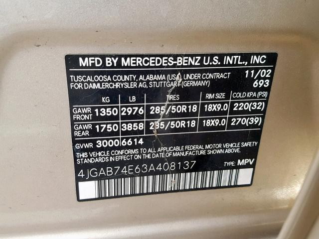 4JGAB74E63A408137 - 2003 MERCEDES-BENZ ML 55 GOLD photo 10