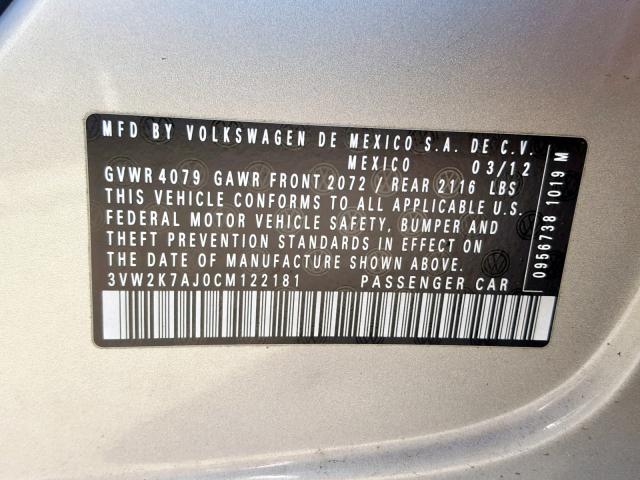 3VW2K7AJ0CM122181 - 2012 VOLKSWAGEN JETTA BASE BEIGE photo 10