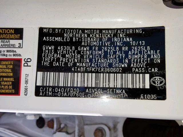 4T4BF1FK7ER360602 - 2014 TOYOTA CAMRY L WHITE photo 10