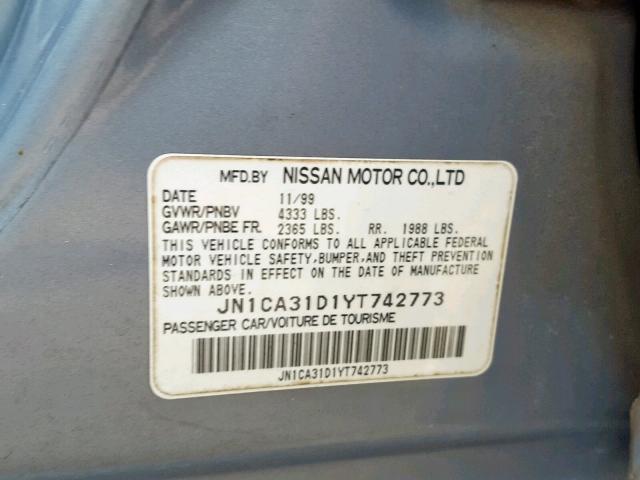 JN1CA31D1YT742773 - 2000 NISSAN MAXIMA GLE BLUE photo 10