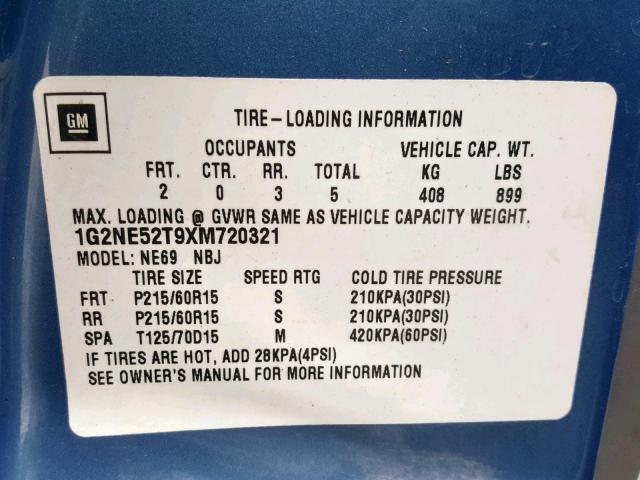 1G2NE52T9XM720321 - 1999 PONTIAC GRAND AM S 蓝色 照片 10