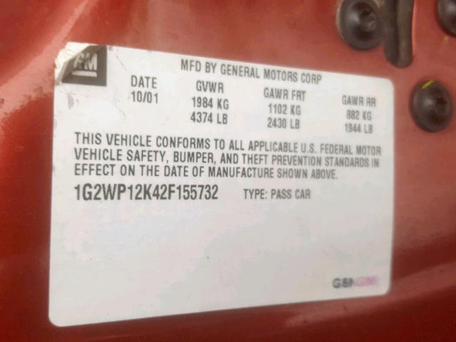 1G2WP12K42F155732 - 2002 PONTIAC GRAND PRIX MAROON photo 10