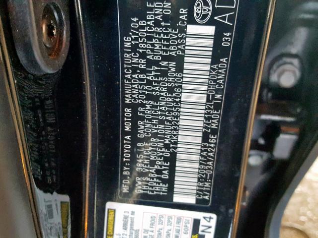 2T1KR32E95C406106 - 2005 TOYOTA COROLLA MA BLACK photo 10