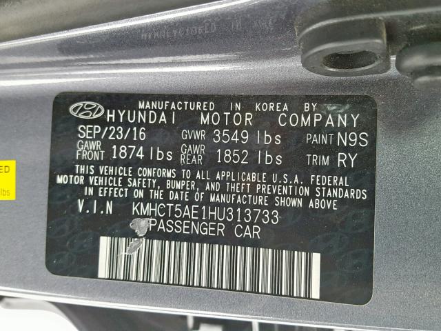 KMHCT5AE1HU313733 - 2017 HYUNDAI ACCENT SE GRAY photo 10